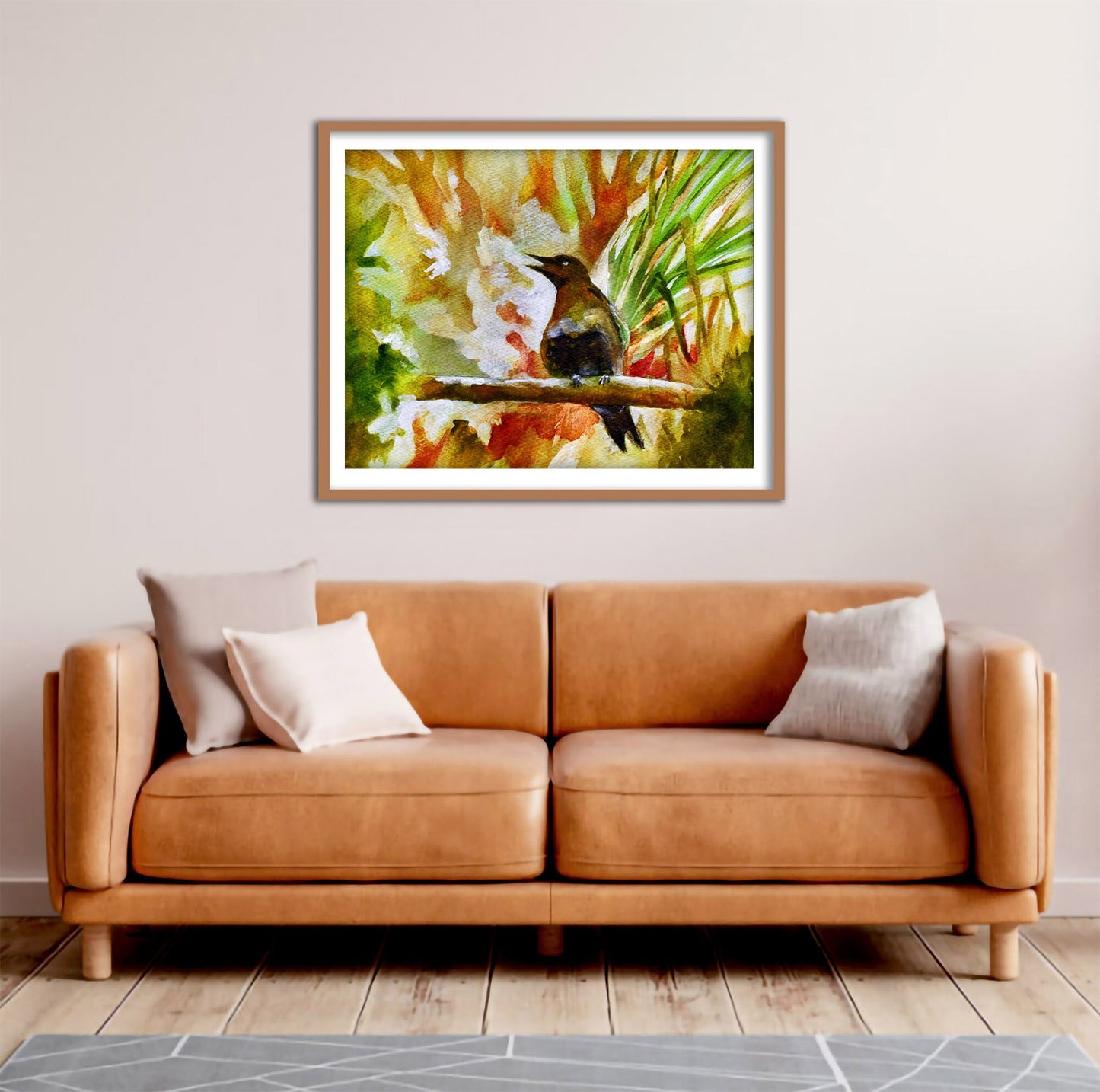 abstract bird print shown over couch