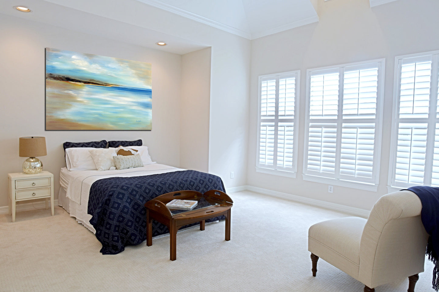"Neutral-toned abstract beach painting for bedroom wall art"