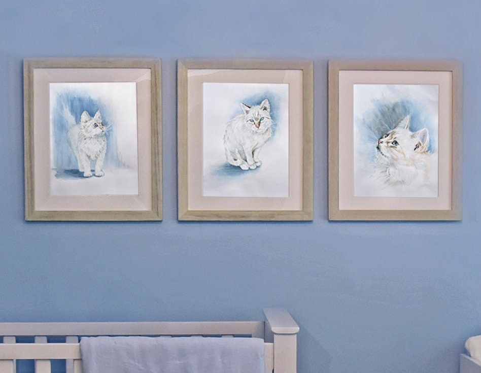 White cat watercolor painting set for printable wall art