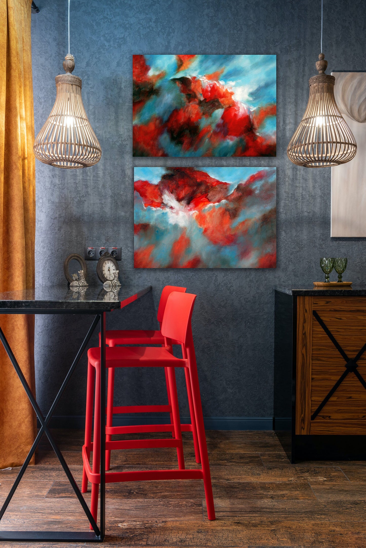 Printable abstract art with vibrant volcanic colors shown in dining area