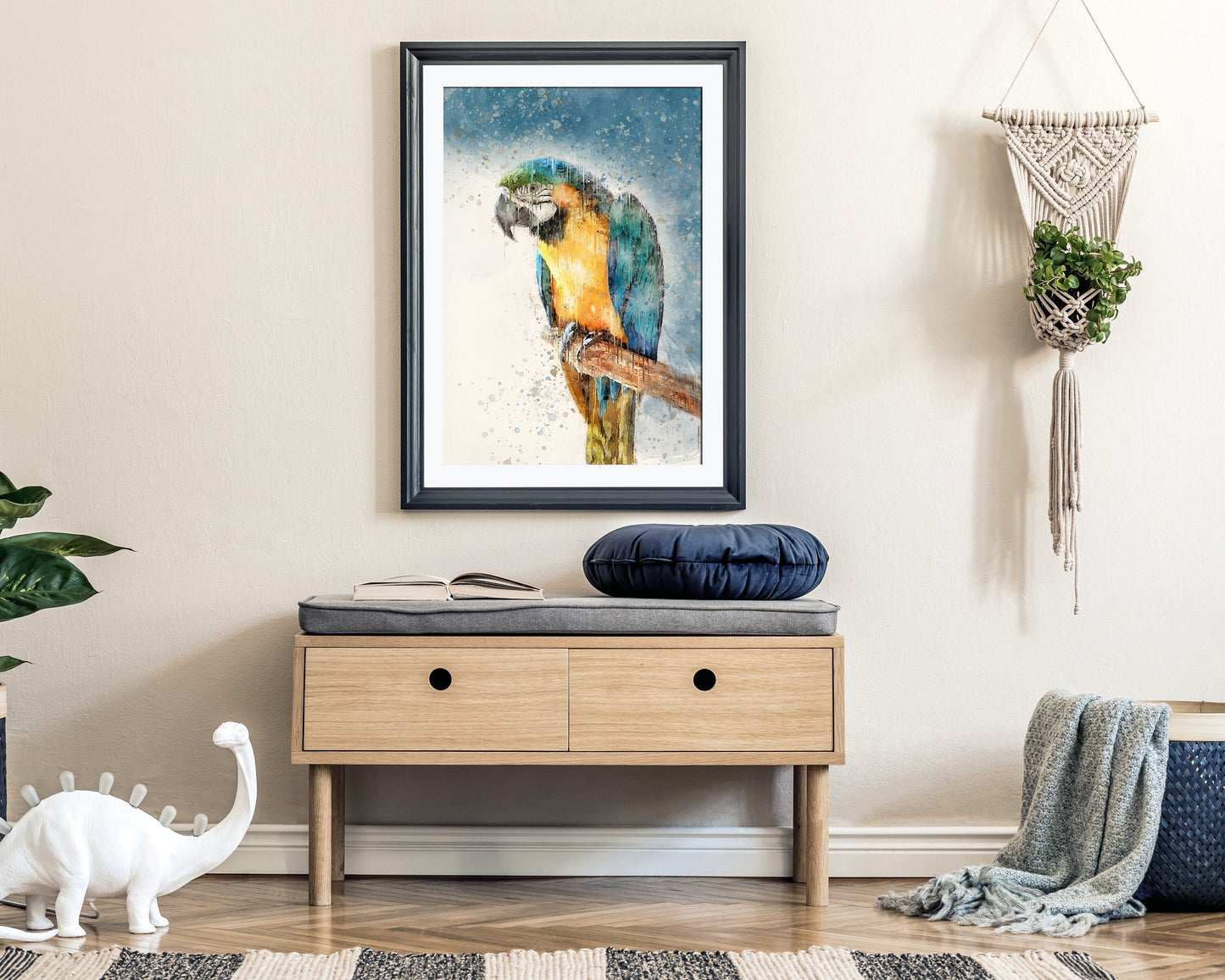 "Rainforest-inspired parrot wall art for home decor, vibrant colors"