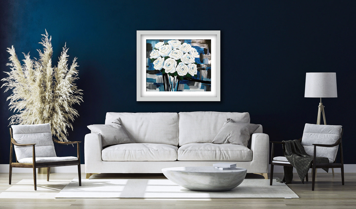 Printable White Rose Wall Art – Contemporary Oil Painting Floral Print
