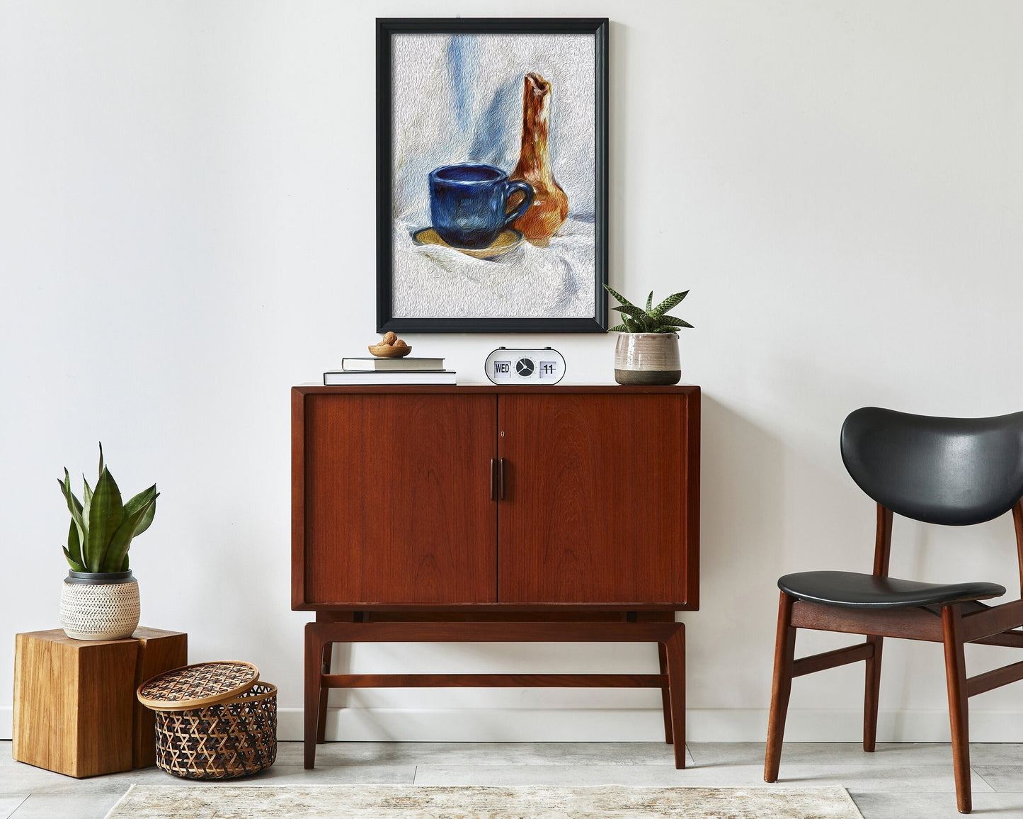 Downloadable coffee art print shown with mid century decor