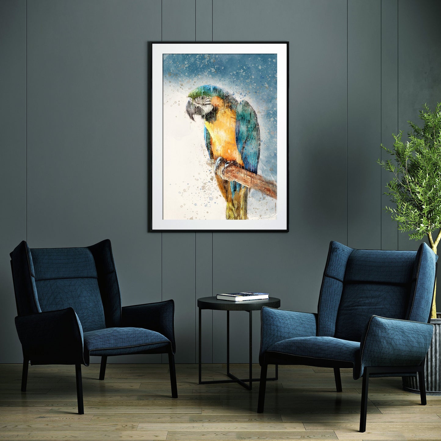 "Wildlife conservation-inspired parrot wall art, printable in 4:5 ratio sizes"