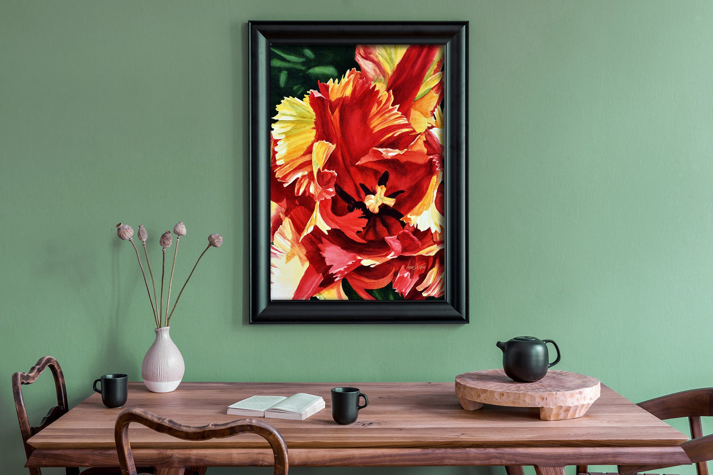 Printable red tulip wall art shown on wall