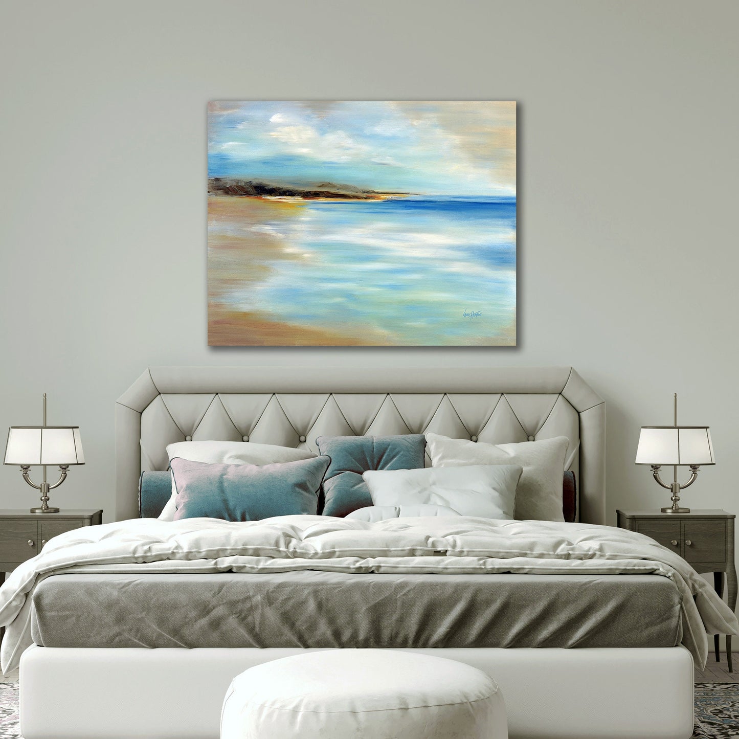 "Neutral-toned abstract beach painting for over the bed wall art"
