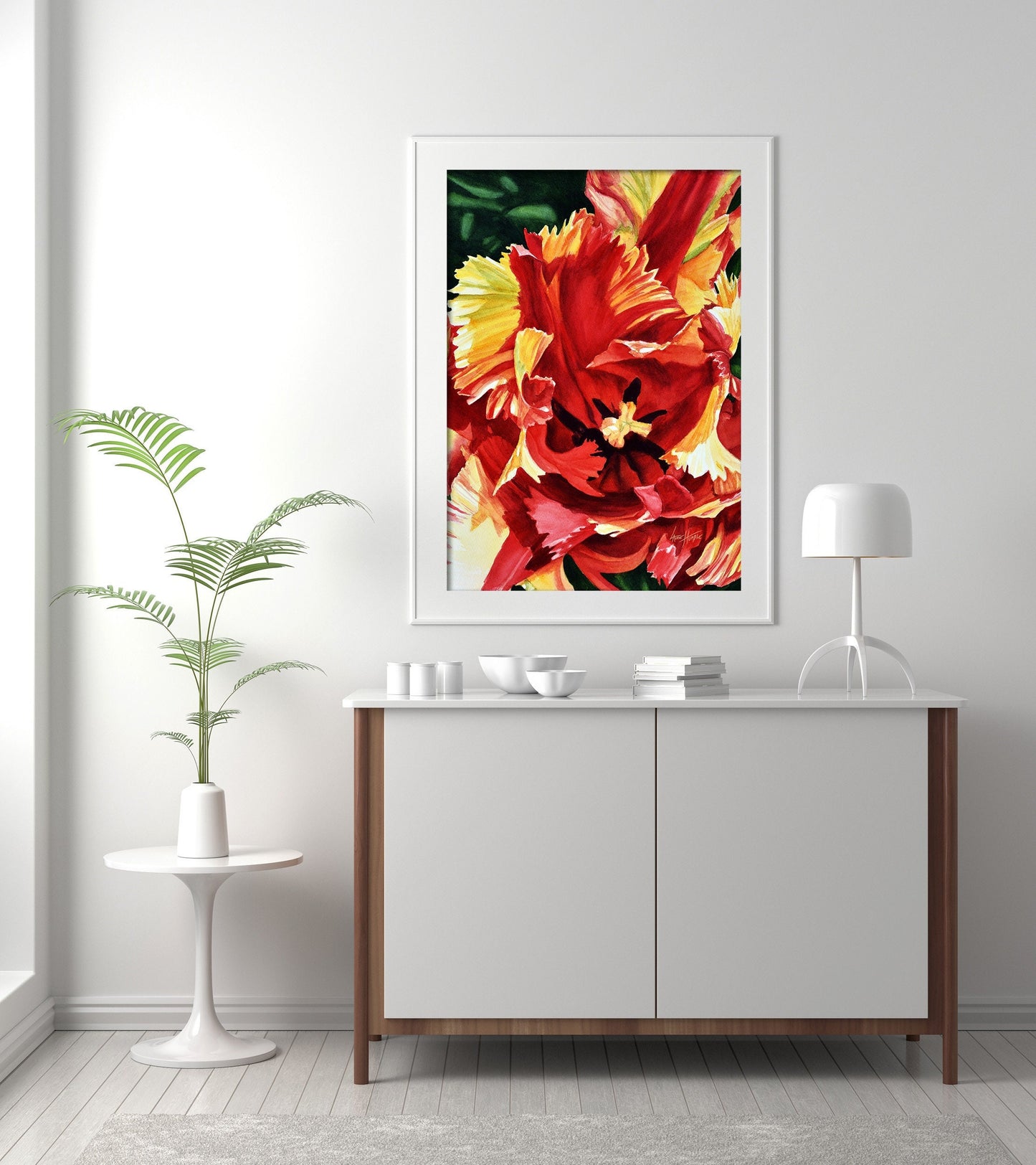 "Elegant floral digital artwork featuring red tulip watercolor painting"