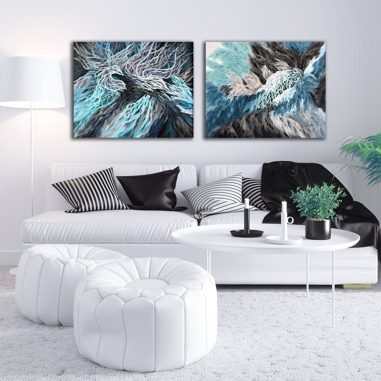 Printable art styled on a gallery wall in a bright modern room