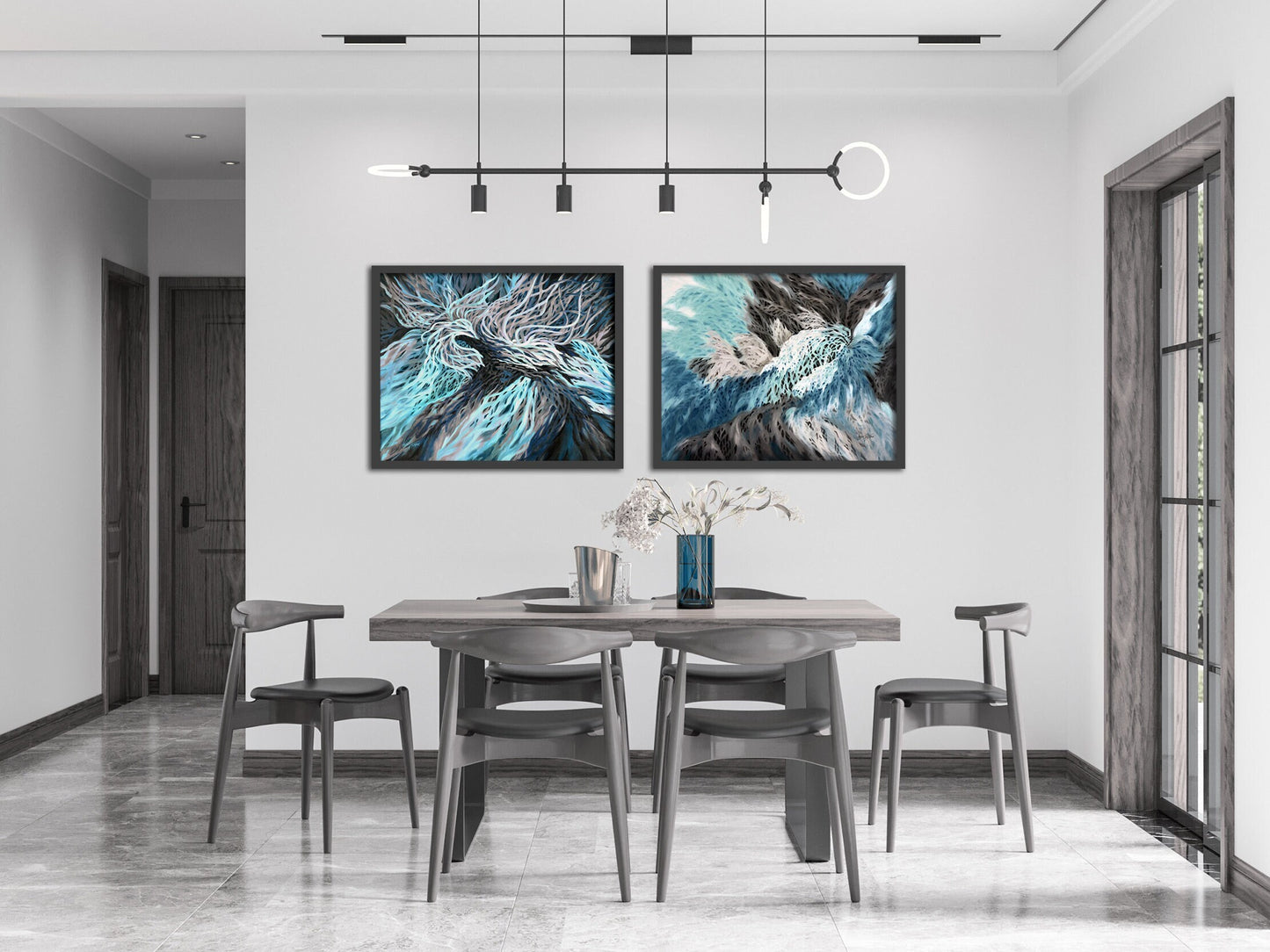 Gray and blue abstract feather print displayed as part of a dining area decor