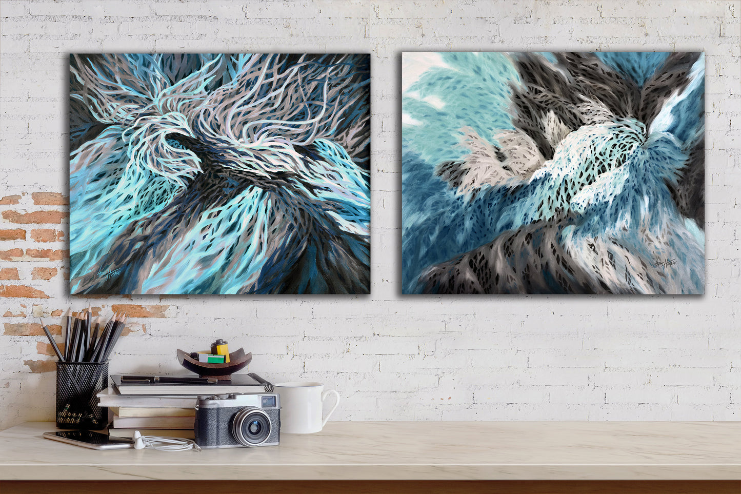 Close-up of vibrant teal accents on feather-themed abstract art.