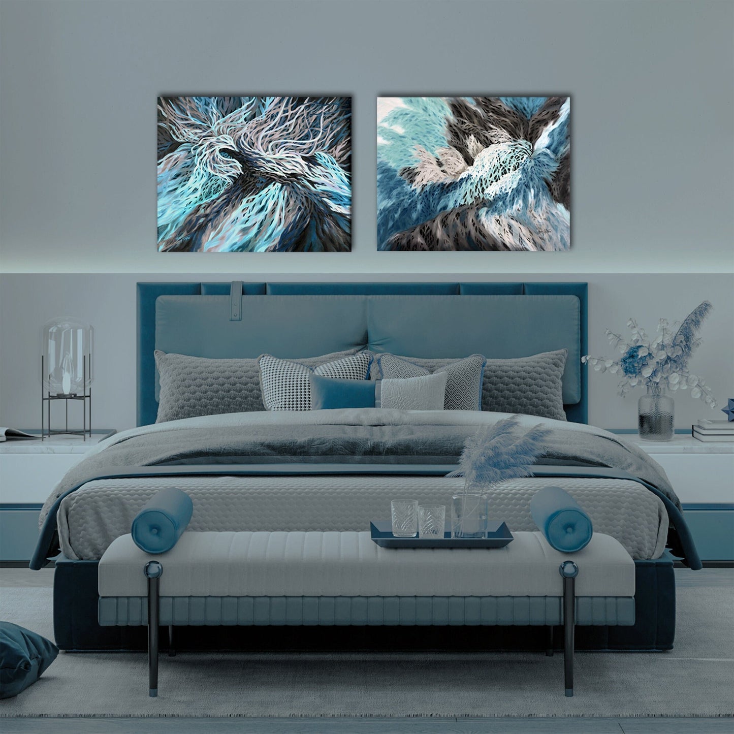 Bold abstract wall art set with bird-inspired designs in blue and teal.