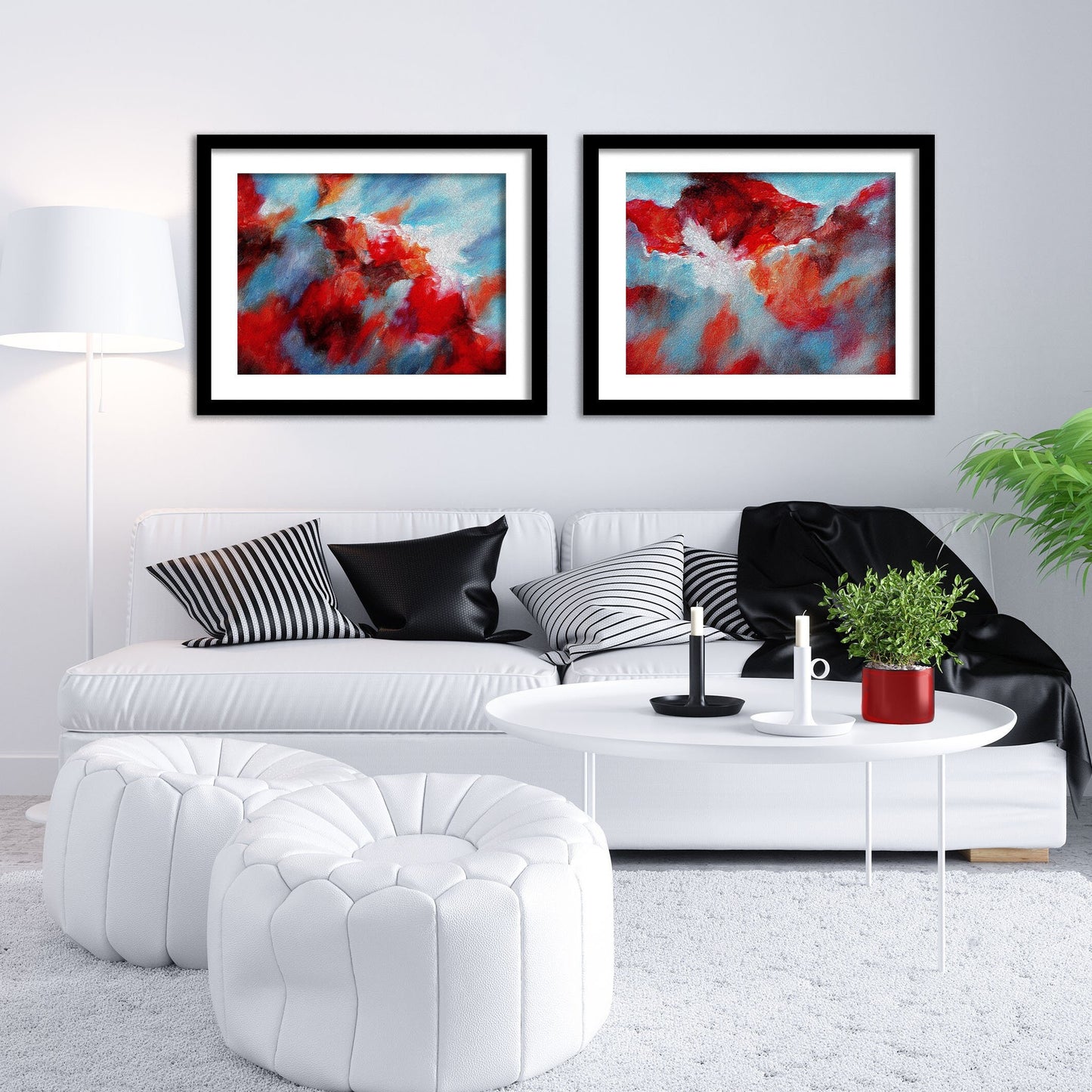 Printable abstract art with vibrant volcanic colors shown in contemporary living space