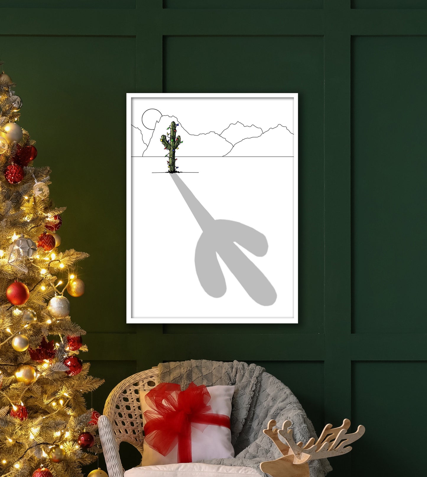 "Digital wall art download of saguaro cactus with Christmas lights"