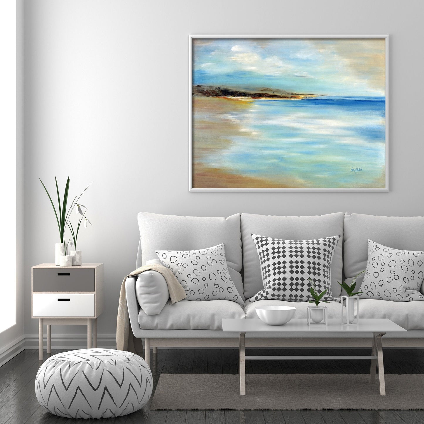 Modern coastal decor featuring Abstract Beach oil painting