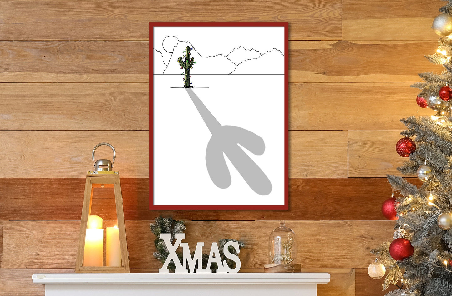 "Modern Christmas decor featuring a minimalist cactus illustration"