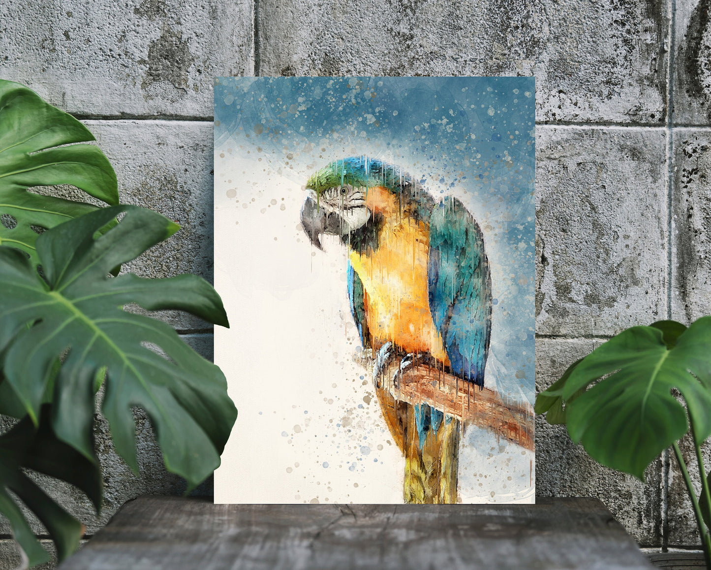 "Rainforest-inspired digital wall art featuring a vibrant blue parrot"