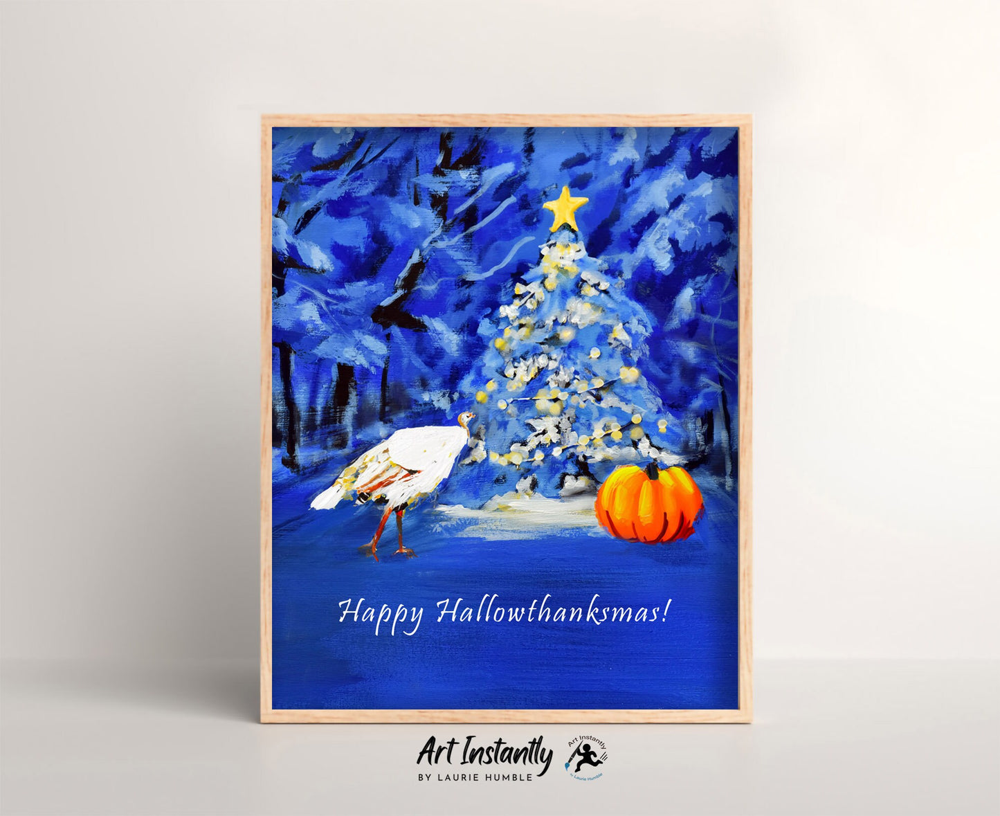 Seasonal holiday decor featuring Christmas tree oil painting