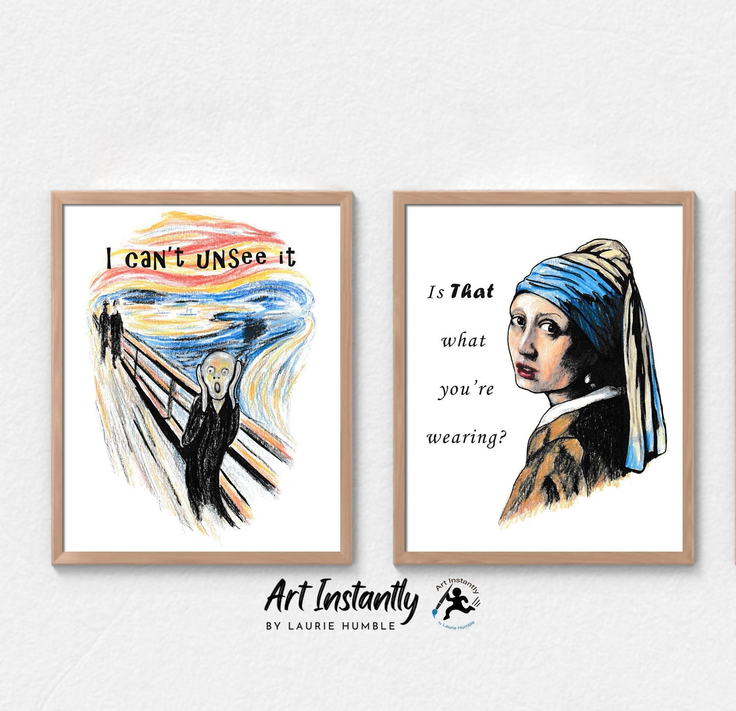 Funny bathroom art set featuring Vermeer and Munch parodies