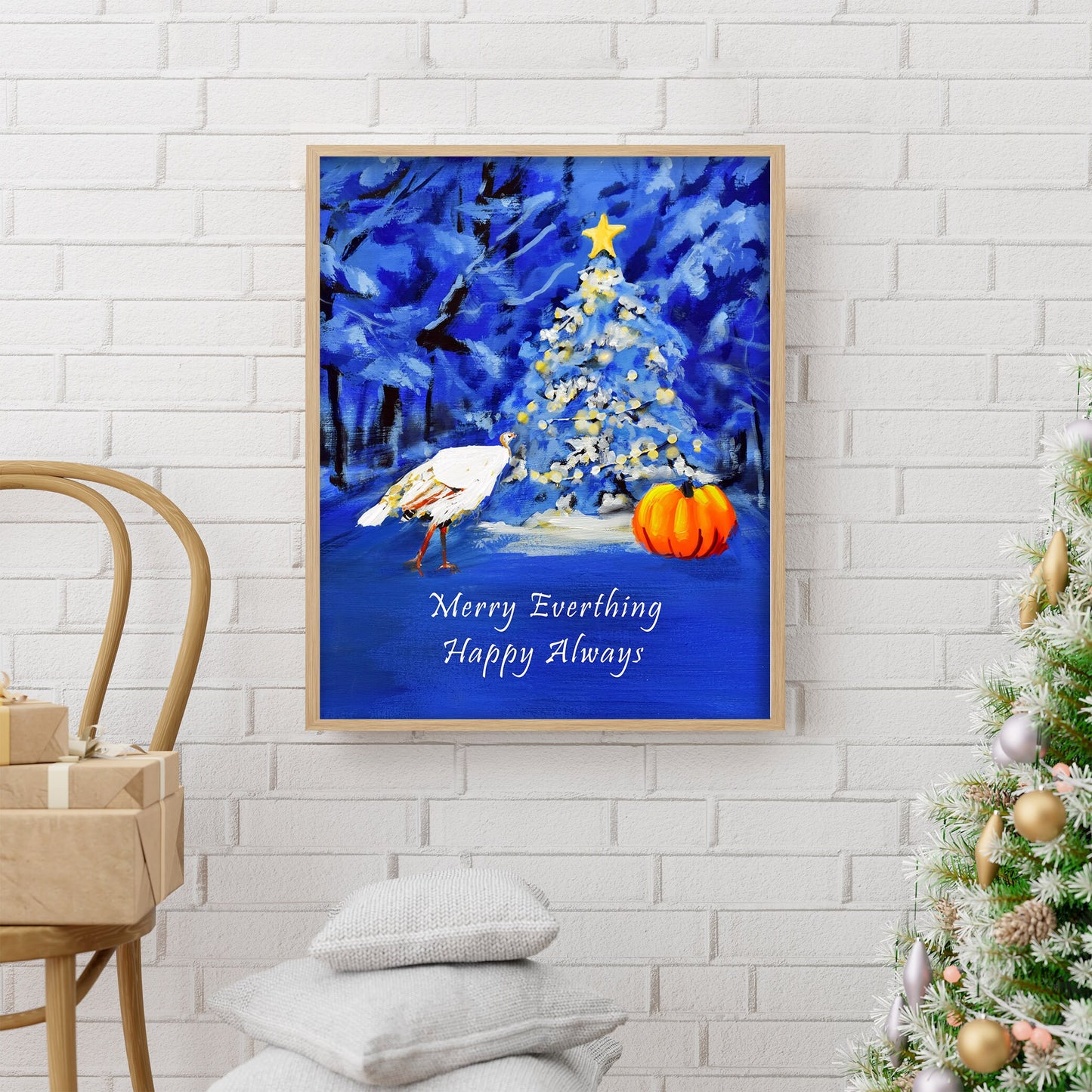 Festive holiday wall art download for Christmas and fall decor shown framed on wall