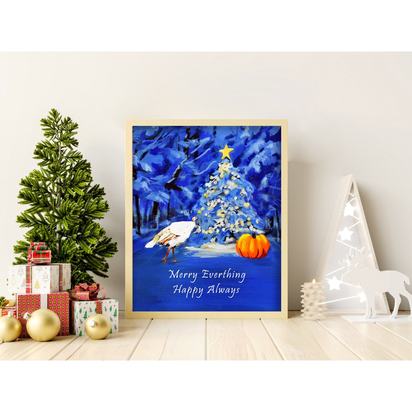 Printable holiday wall art with Merry Everything and Happy Hallowthanksmas options