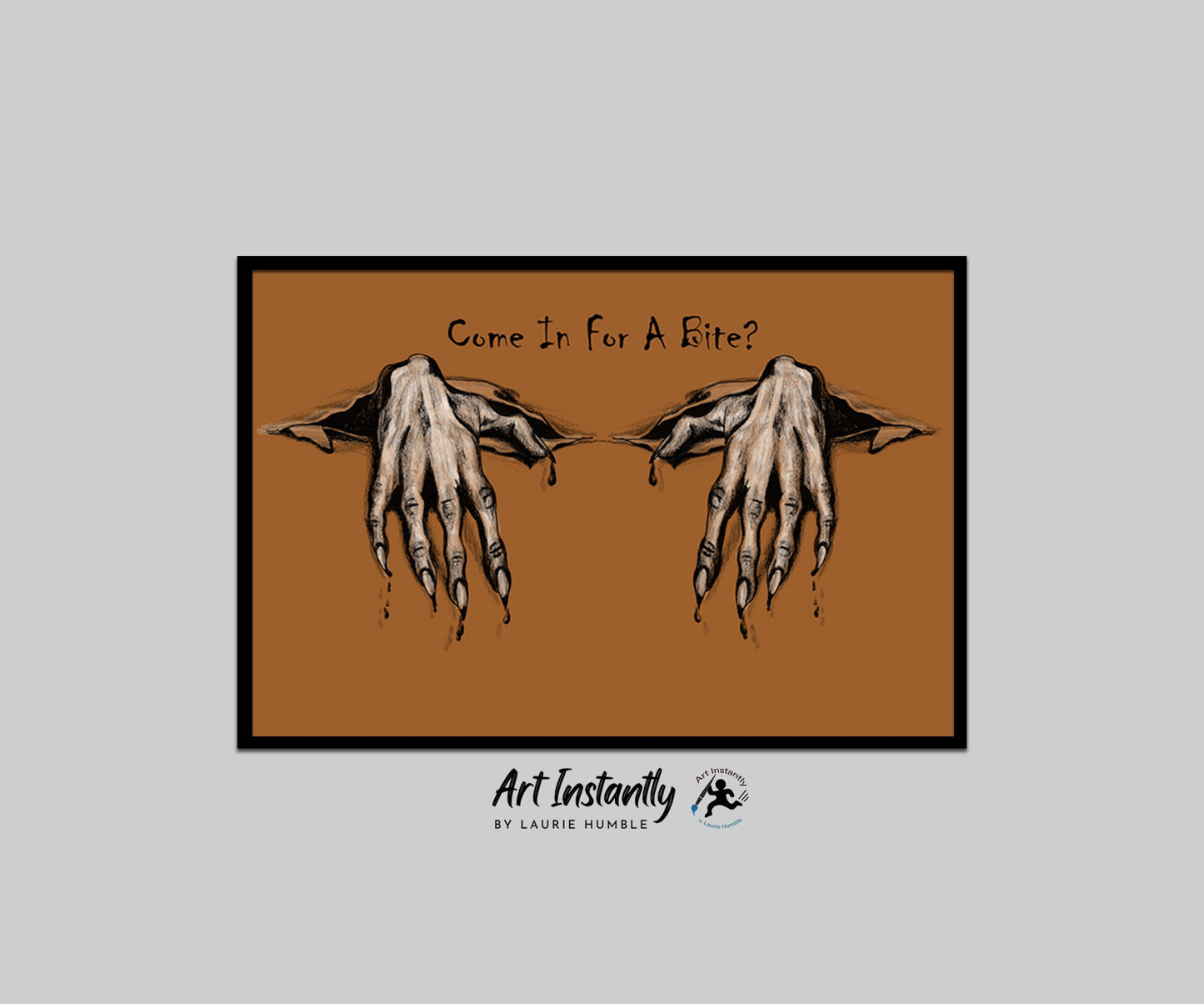 Vampire-themed wall art with "Come in for a bite?" quote