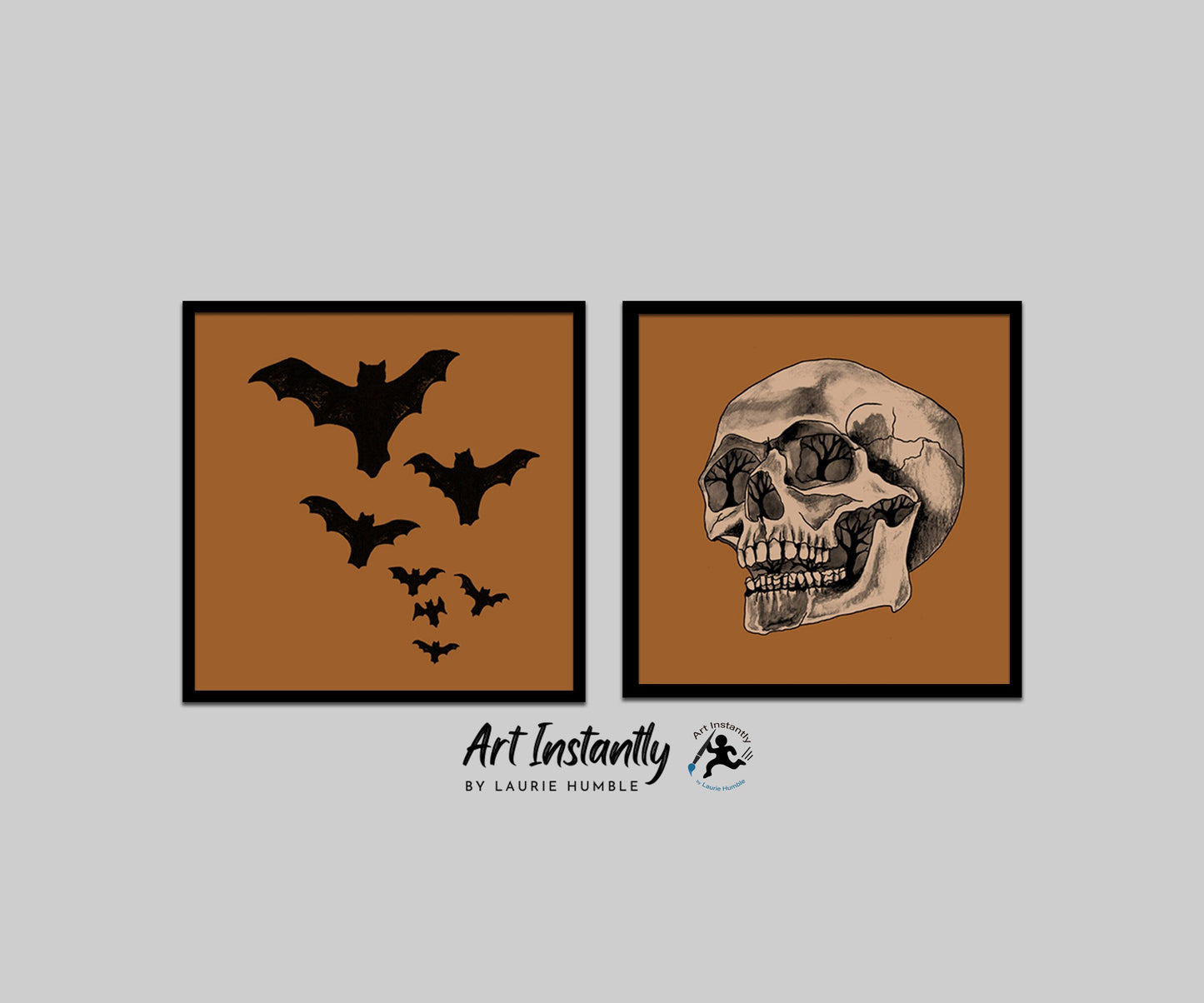Halloween digital art featuring bats and skull designs