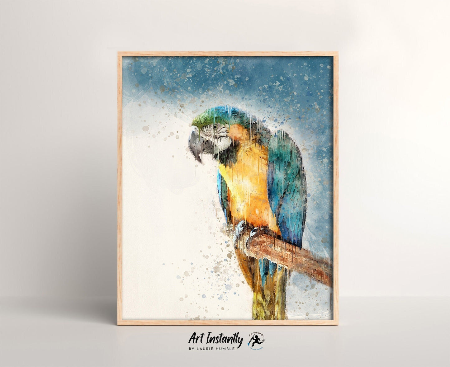 "Printable blue parrot watercolor artwork with dripping paint detail"