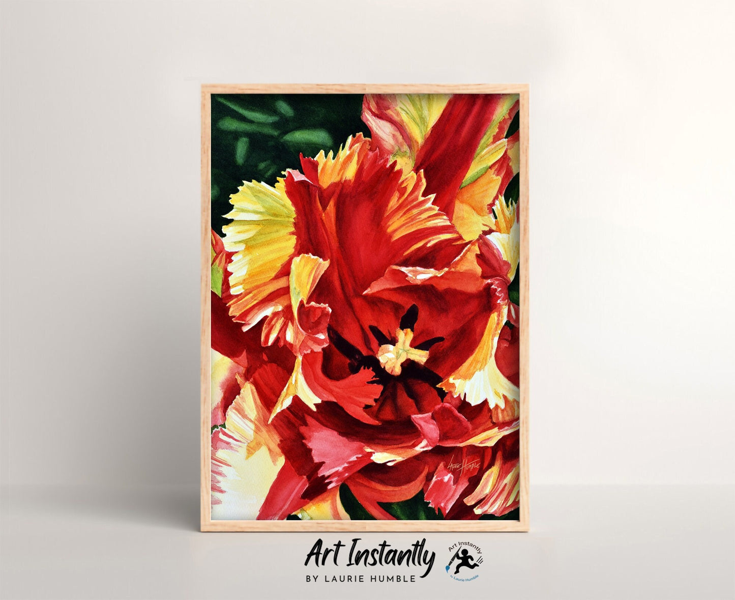"Printable red tulip wall art with botanical watercolor design"