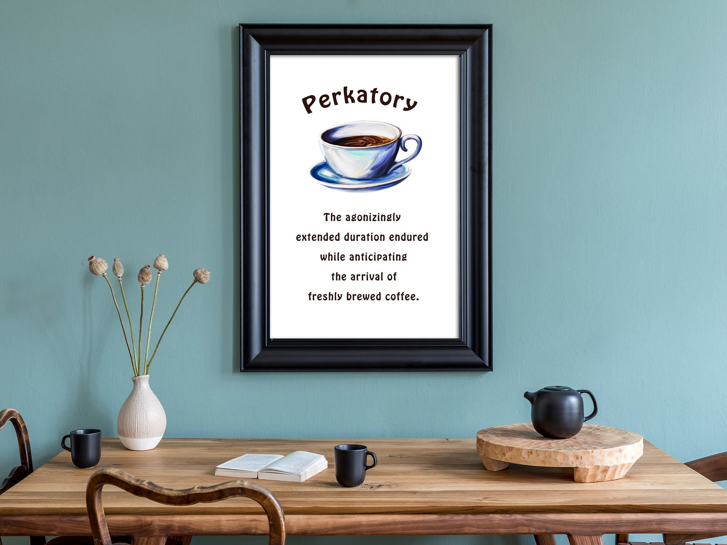 Printable kitchen decor featuring a coffee-themed wall art