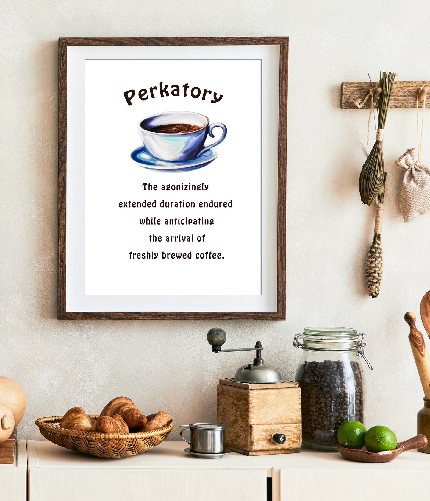 Oil-painted coffee cup wall art for cozy kitchen decor