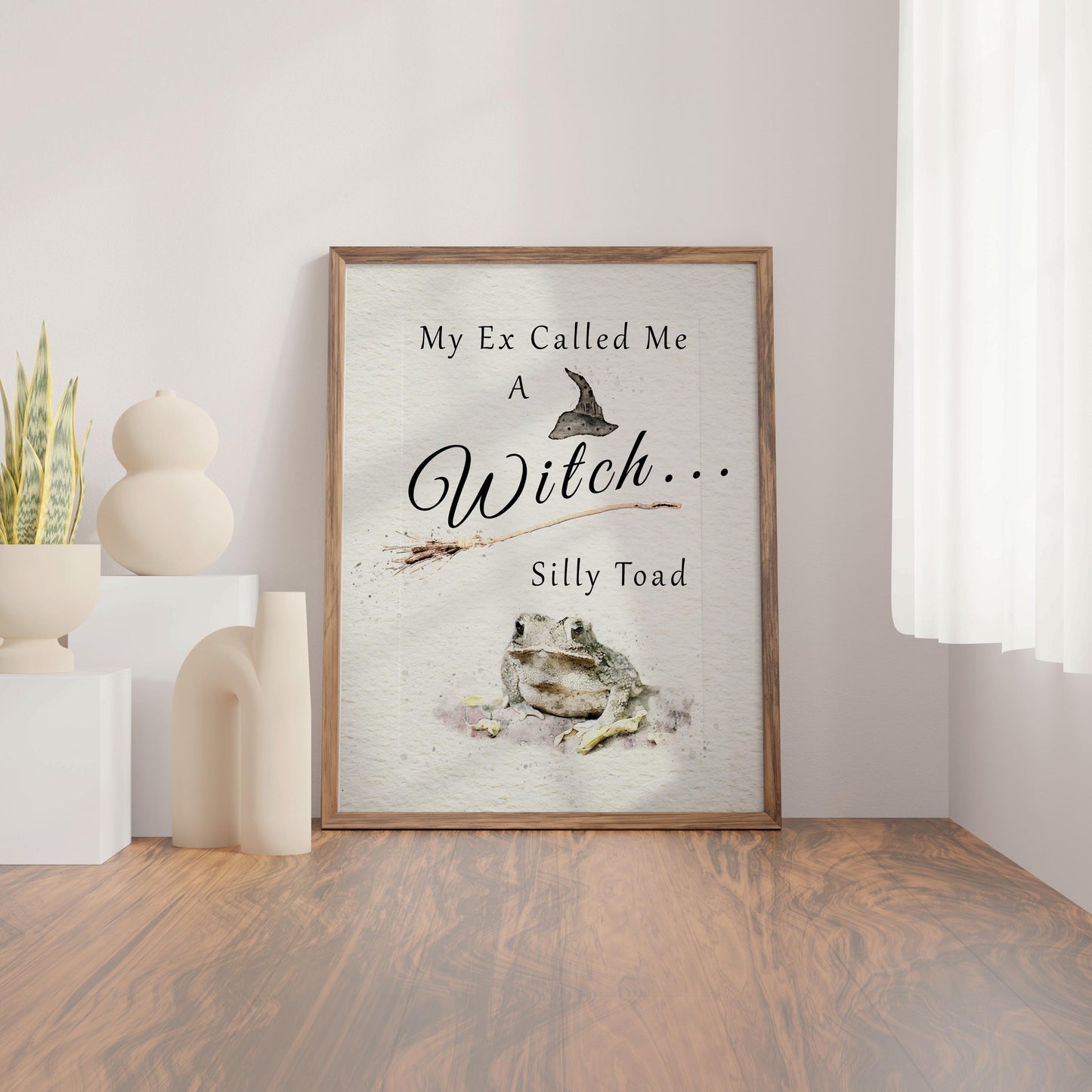 Quirky breakup gift idea featuring a witch illustration and funny typography.