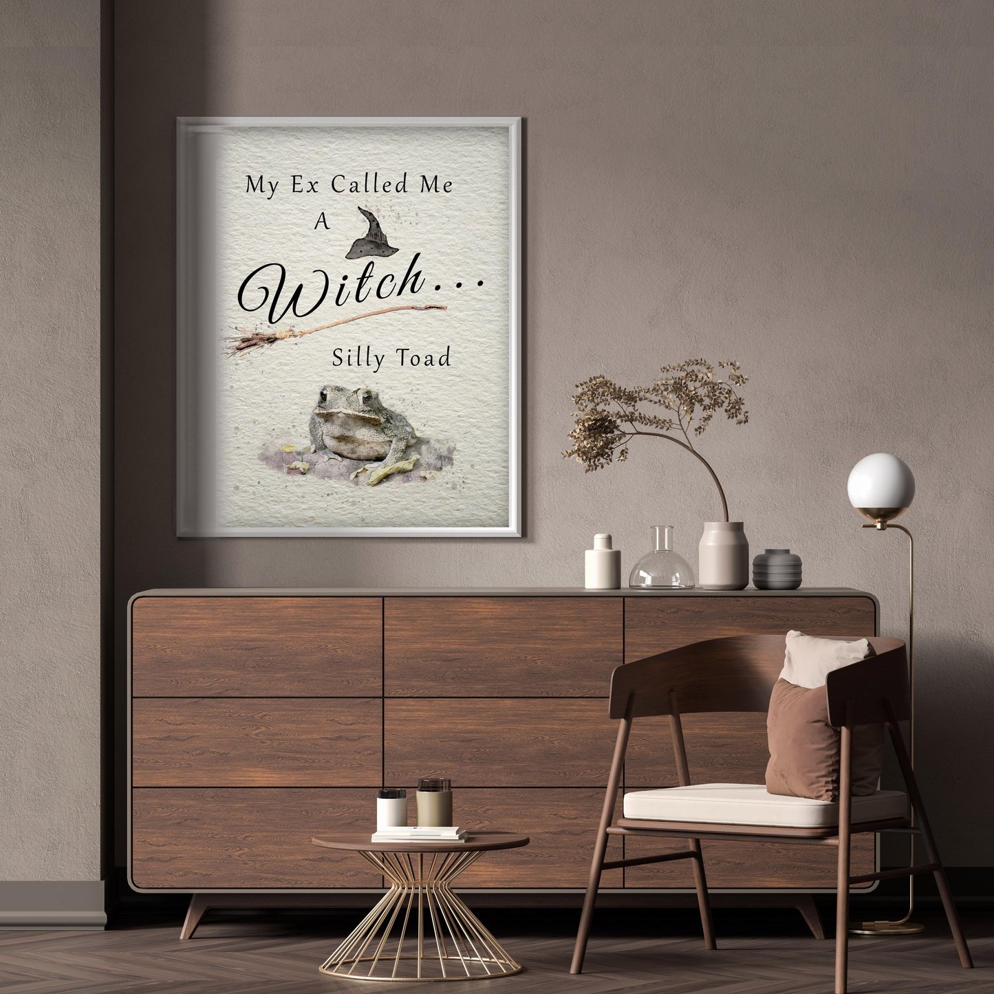 Funny divorce gift featuring a witch's hat, broomstick, and a toad illustration.