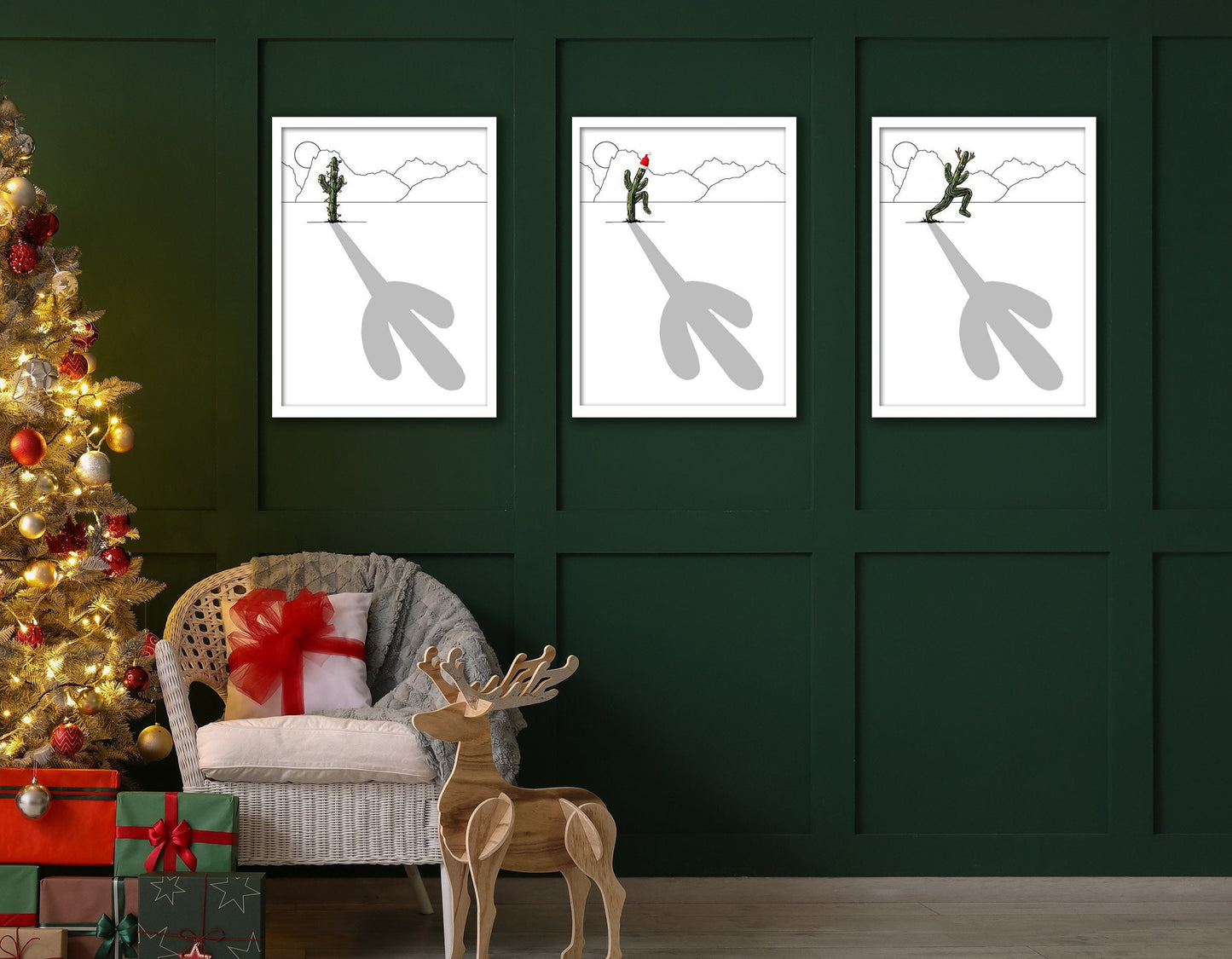 Minimalist Christmas Cactus Triptych