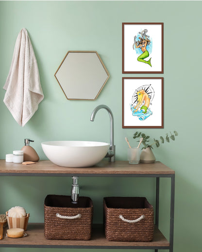 Mermaid Bathroom Decor Set of 2 Prints