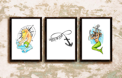 Nautical Set Of 3 Tattoo Style Prints