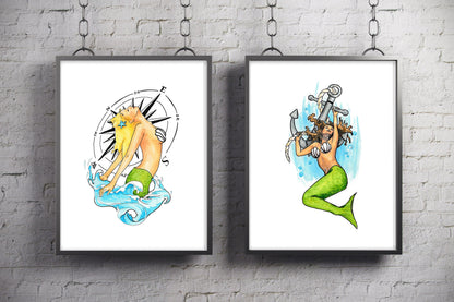 Mermaid Bathroom Decor Set of 2 Prints