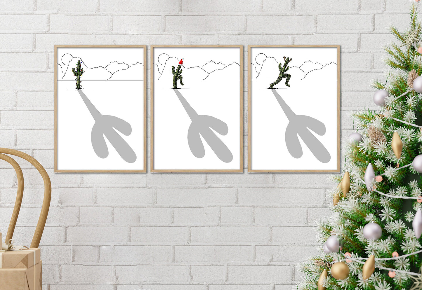 Minimalist Christmas Cactus Triptych