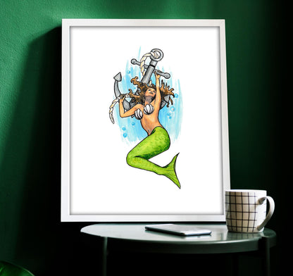 Mermaid and Anchor Tattoo Flash Print