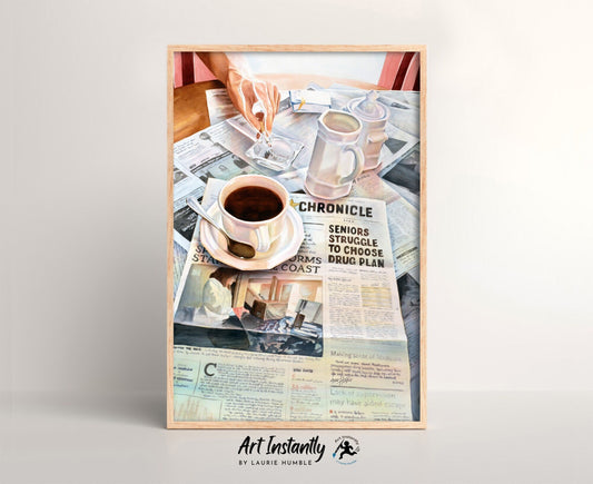 Retro Coffee Newsprint Still Life Print