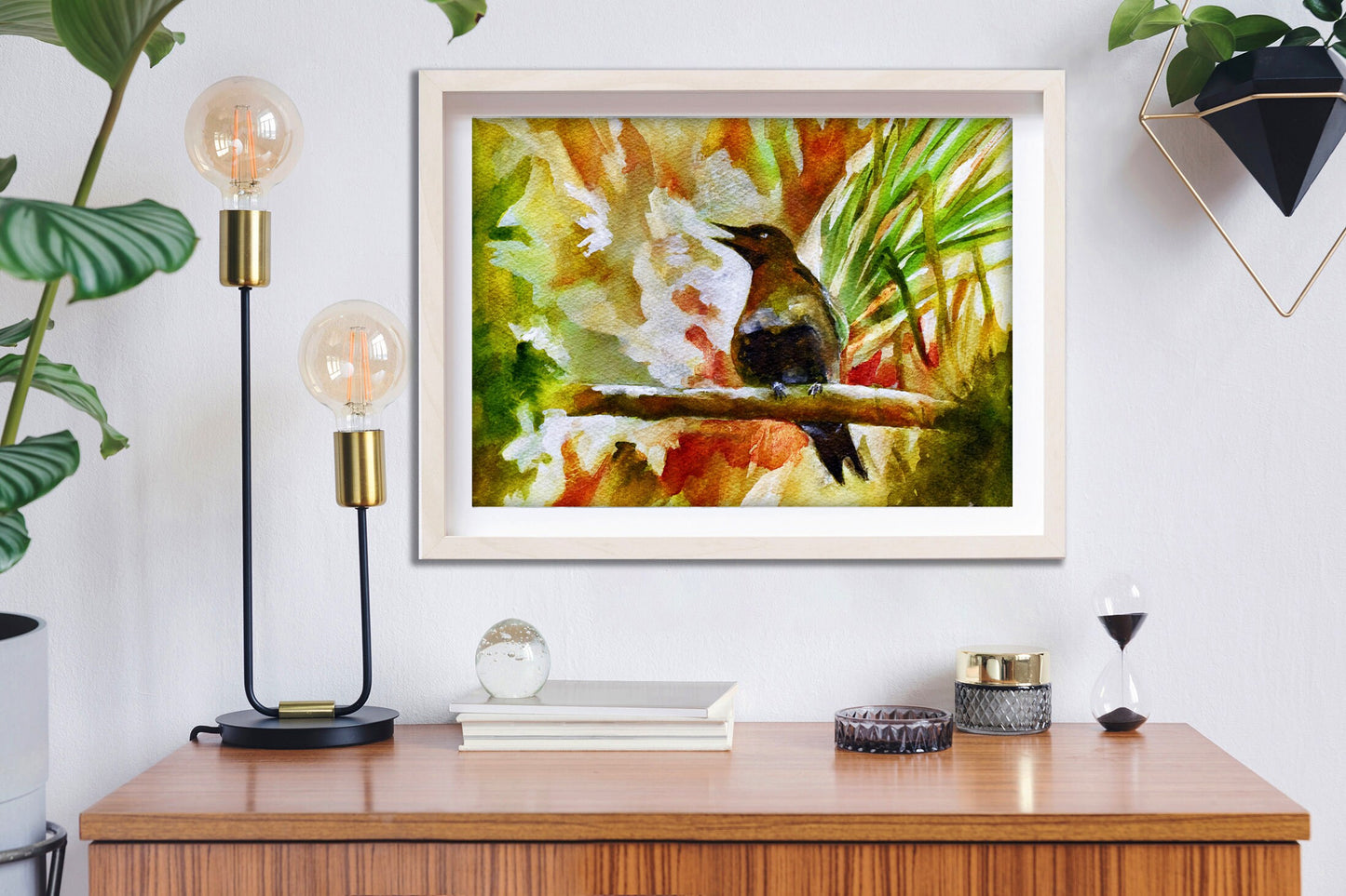 eye catching bird print framed on wall