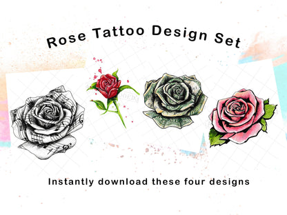 Set of 4 Rose Tattoo Designs