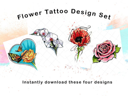 Set of 4 Flower Tattoo Designs