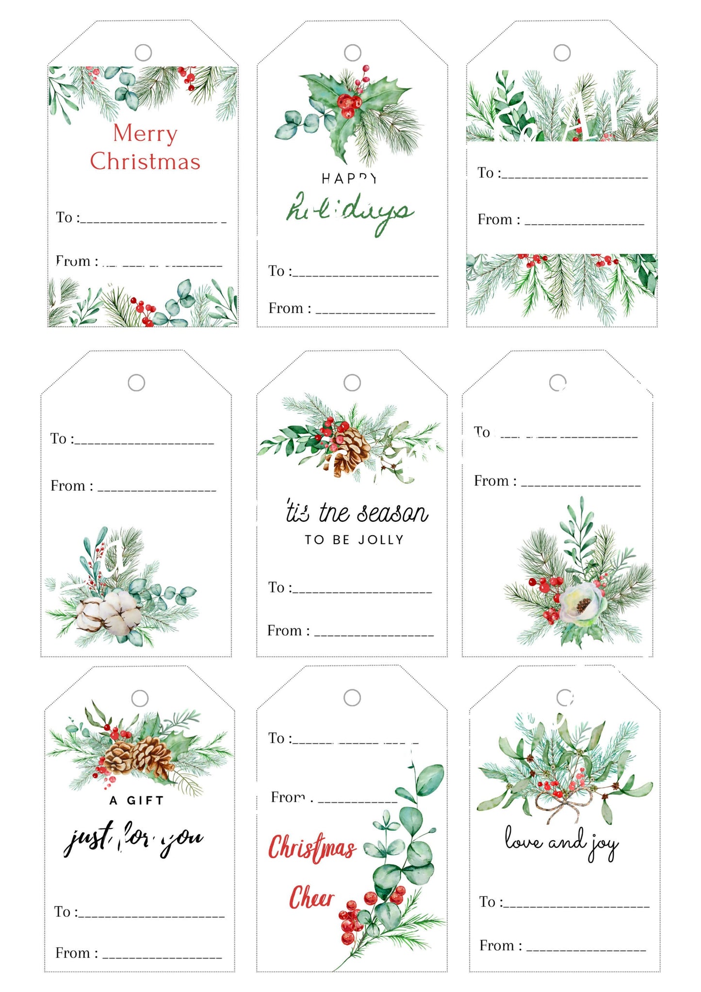 Printable Holiday Greenery Gift Tags Set of 9