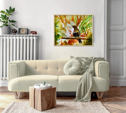 neutral art print above sofa