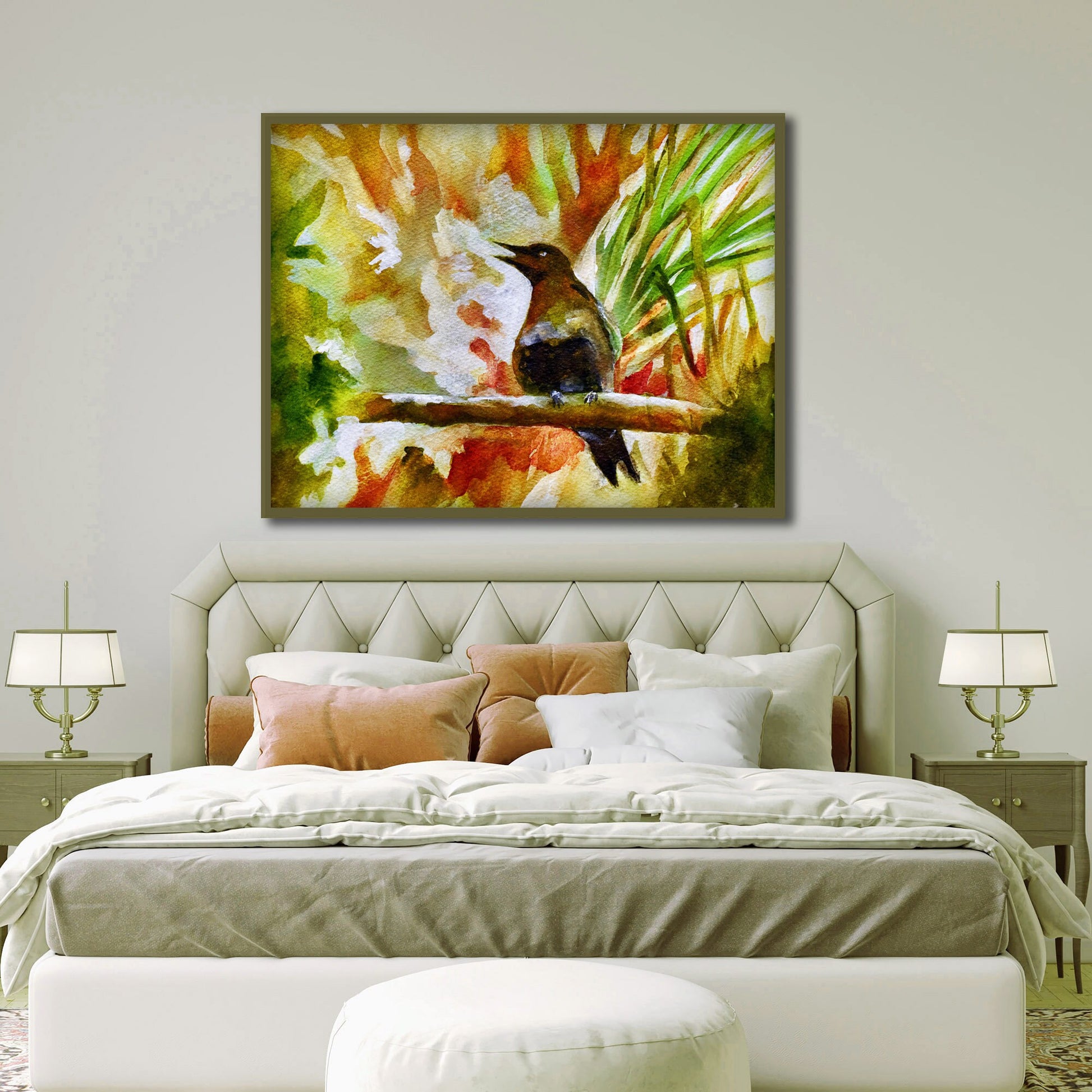 large abstract art print above bed