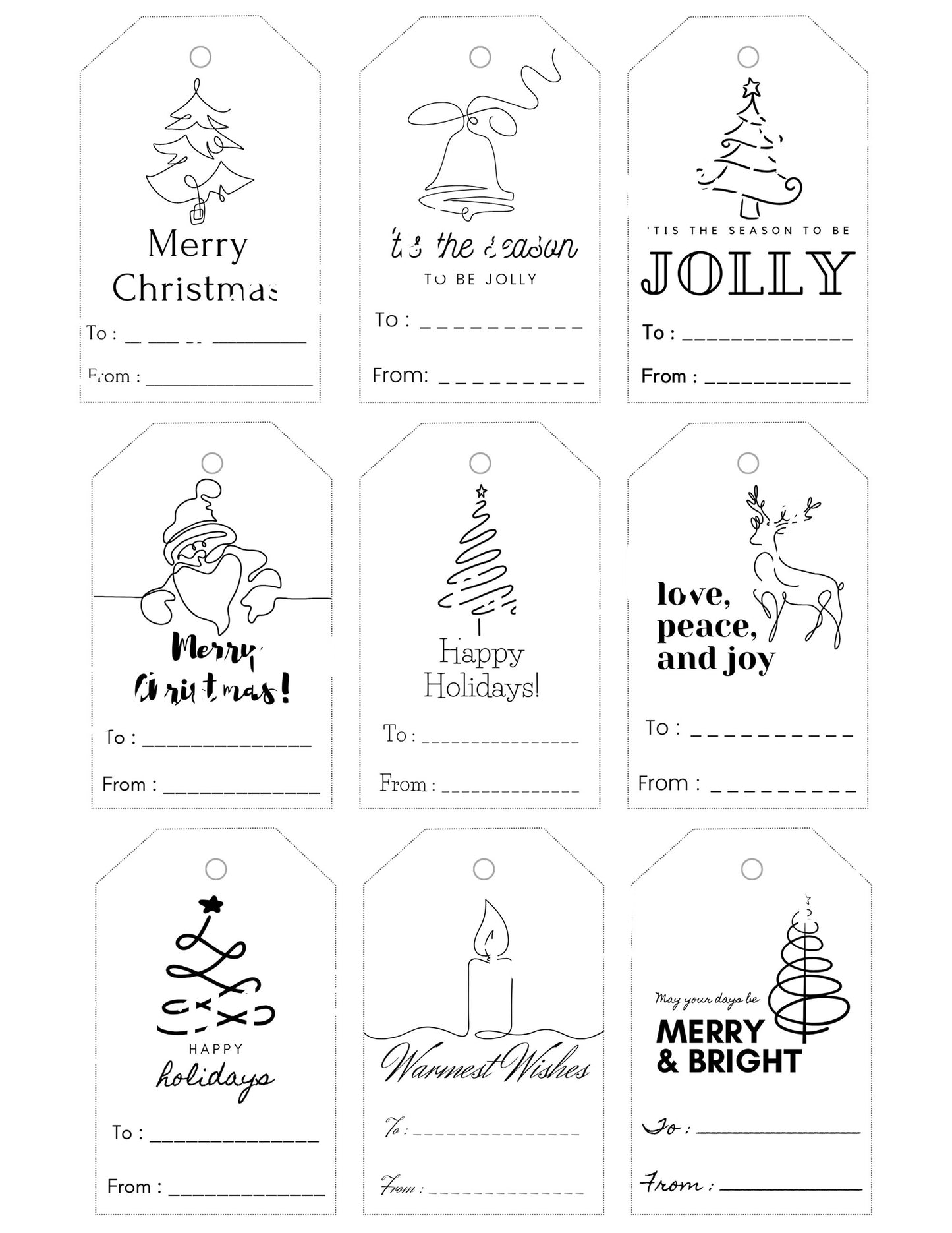 Minimalist Christmas Black & White Line Art Gift Tags