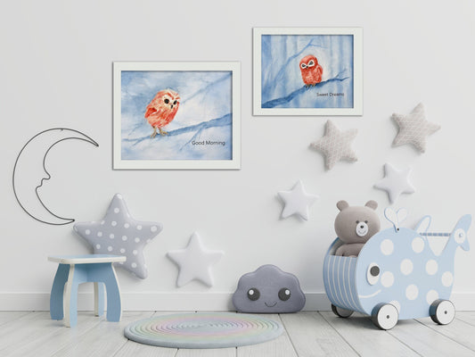 Owl Nursery Wall Art Set of 2 Prints