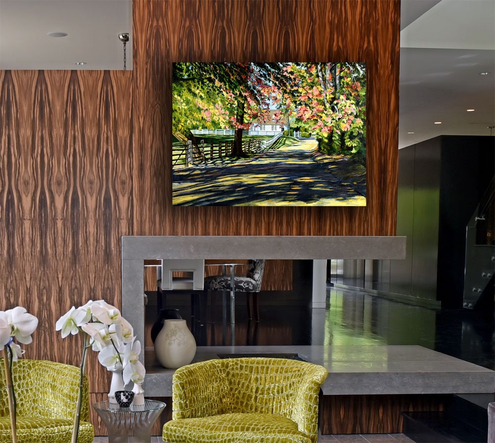 Large statement wall art of a vintage-inspired country path.
