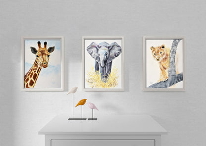 Safari Nursery Decor Set of 3 prints Lion Elephant Giraffe Printable Wall Art