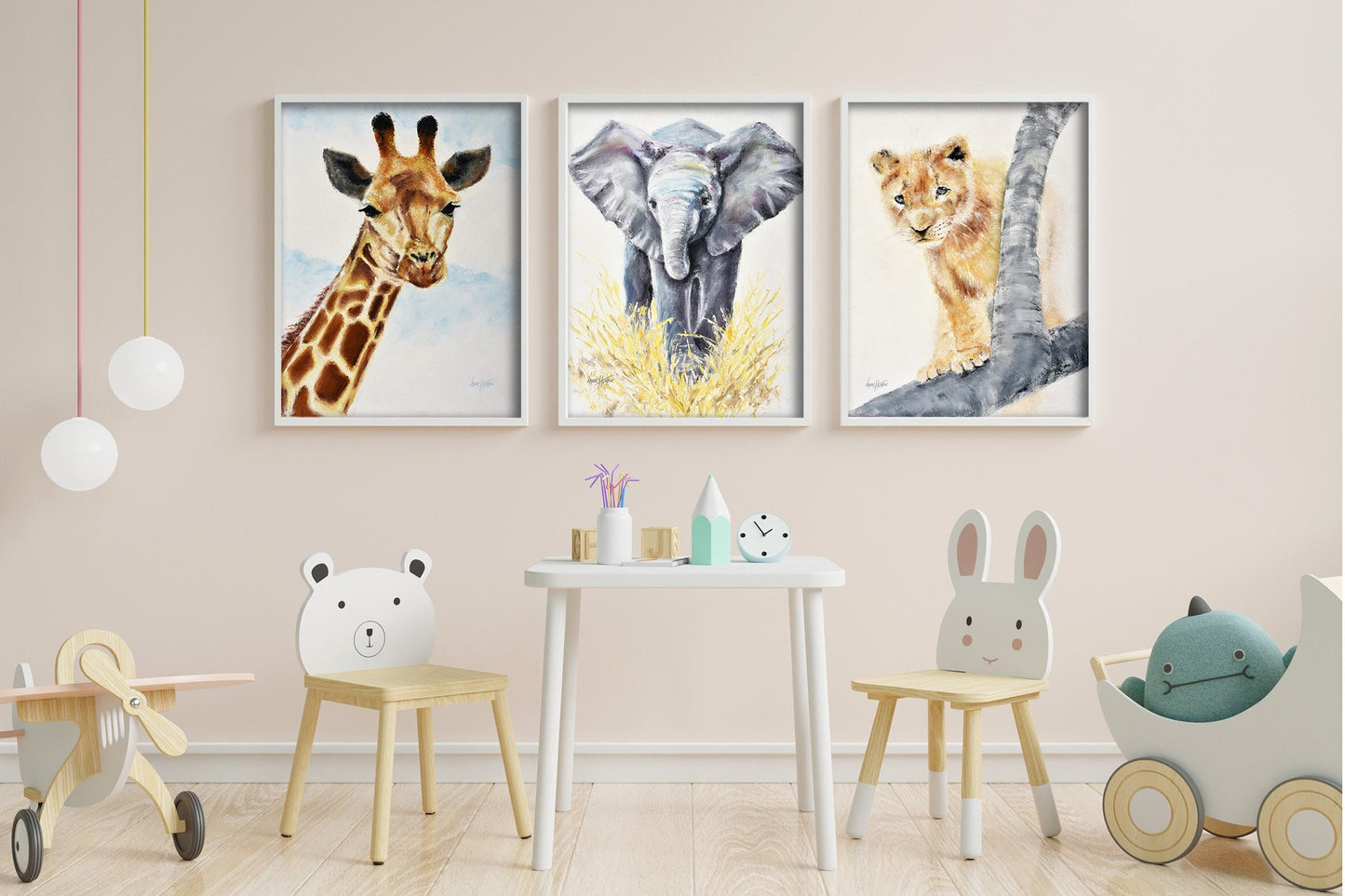 Safari Nursery Decor Set of 3 prints Lion Elephant Giraffe Printable Wall Art